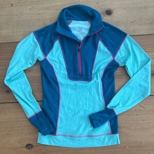 Two-Tone Teal Half-Zip Wool Pullover with Pink Trim